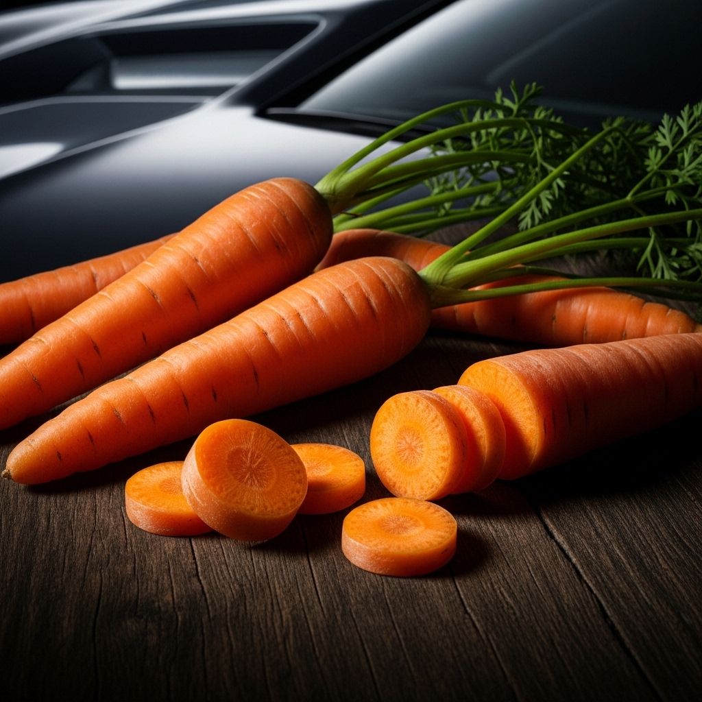 Whole and sliced fresh carrots with green tops on a rustic wooden surface, known for high beta-carotene content supporting visual function