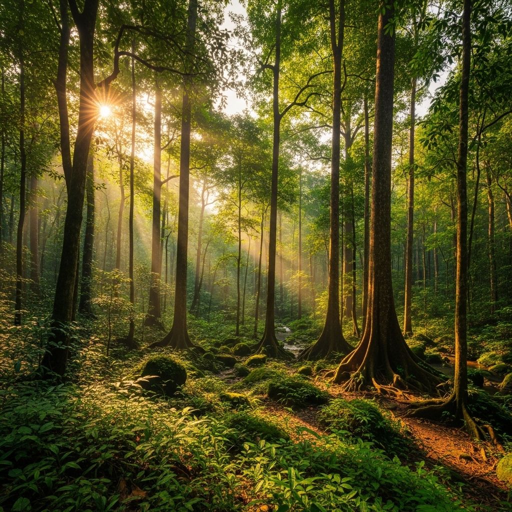 Wide panoramic view of lush tropical forest with tall trees and diffused natural sunlight filtering through the canopy, representing the benefit of outdoor visual engagement